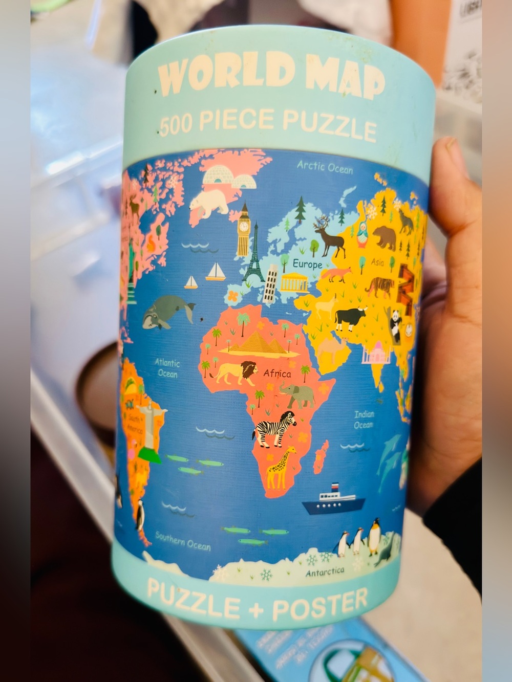 World Map 500-Piece Puzzle + Poster - Blue